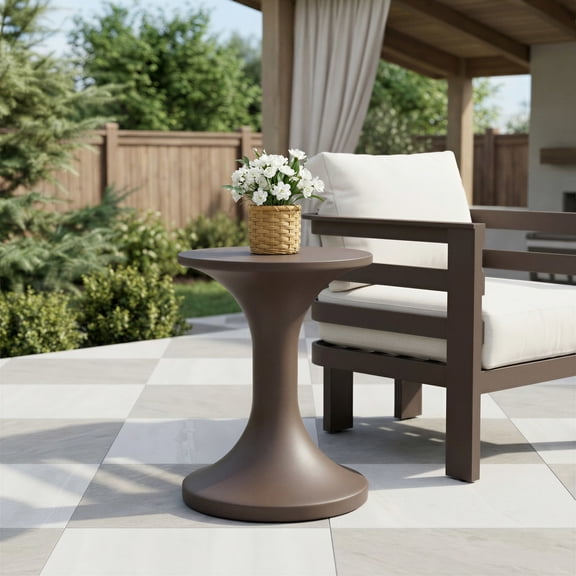 Arka Side Table Brown End Table, Modern Style, Faux Terrazzo Poly Cement round shape tabletop, Poly Cement, Outdoor Living