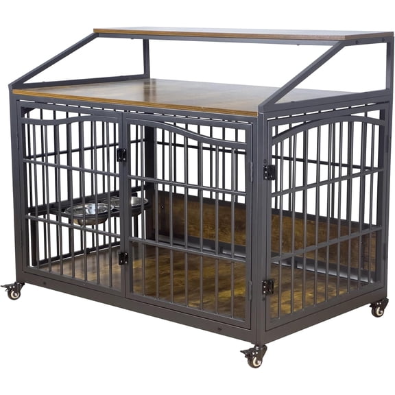 Arkali 48 Inch Dog Crate Furniture, XXL Kennel Cage Rustic Wooden Pet House End Table Dog Home for Large Dogs with 2 Stainless Steel Bowls Indoor Use 48" L x 30" W x 40" H