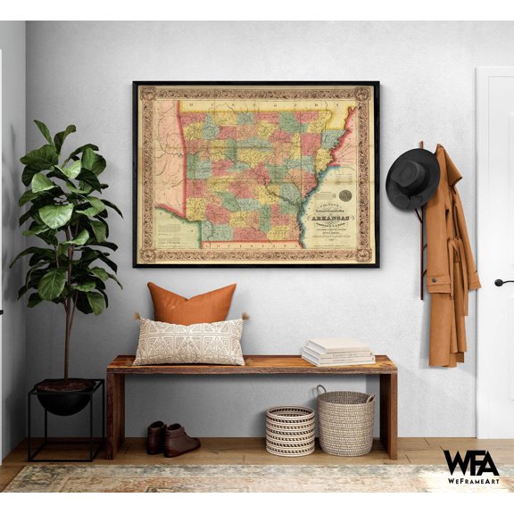 Arkansas 1854, Colorful Antique Arkansas Map Poster Print, Large Old Map Decor, Library Wall Art, School Wall Decor, Entryway Poster Print