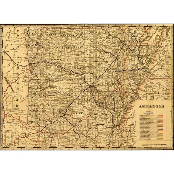 Indexed township and county map showing relief by hachures, drainage, and cities and towns. Railroad lines are distinguished by color. Poster Print (24 x 36)