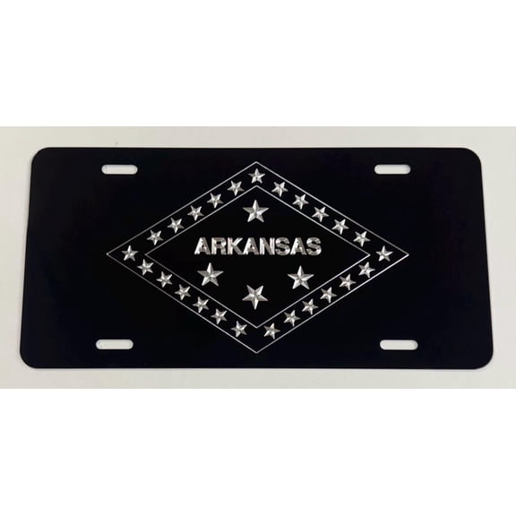 Arkansas AR State Flag License Plate Car Tag Diamond Etched Engraved on Black Aluminum Metal Weatherproof & Rustproof