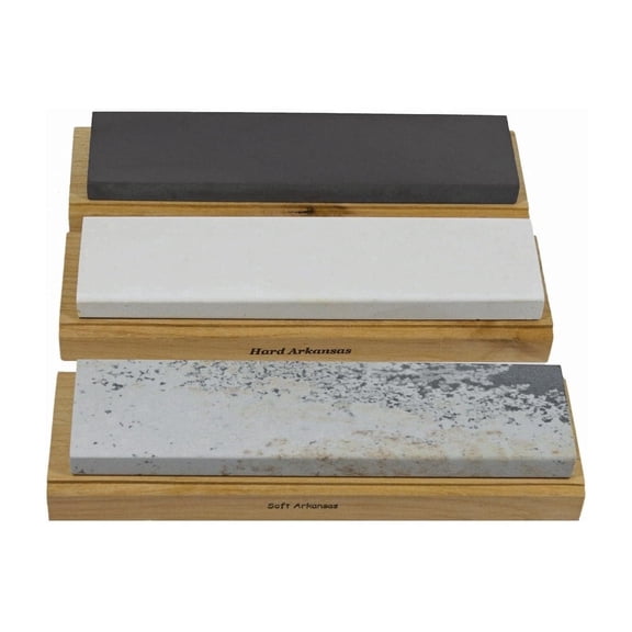 Arkansas Sharpening Stone Set – 6 x 2 Inch Wood Mounted Bench Stones - Made in USA