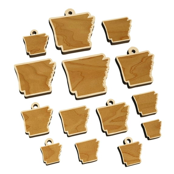 Arkansas State Silhouette Wood Mini Charms Shapes DIY Craft Jewelry - No Hole - Various Sizes (16pcs)