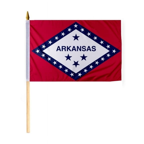 Arkansas State Stick Flag 12x18 Inch - with 24 inch Wooden Pole, Single Ply Polyester, Reverse Print - Handheld Desk State of Arkansas AR Flag