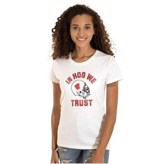 Arkansas in Hog We Trust Funny AR Womens Slim Fit Graphic Tee Brisco Brands X