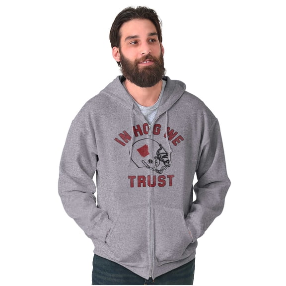 Arkansas in Hog We Trust Funny AR Zip Up Hoodie Men's Women's Brisco Brands S