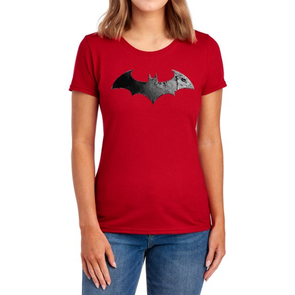 Arkham City Bat Logo Women's T Shirt, Red, Medium