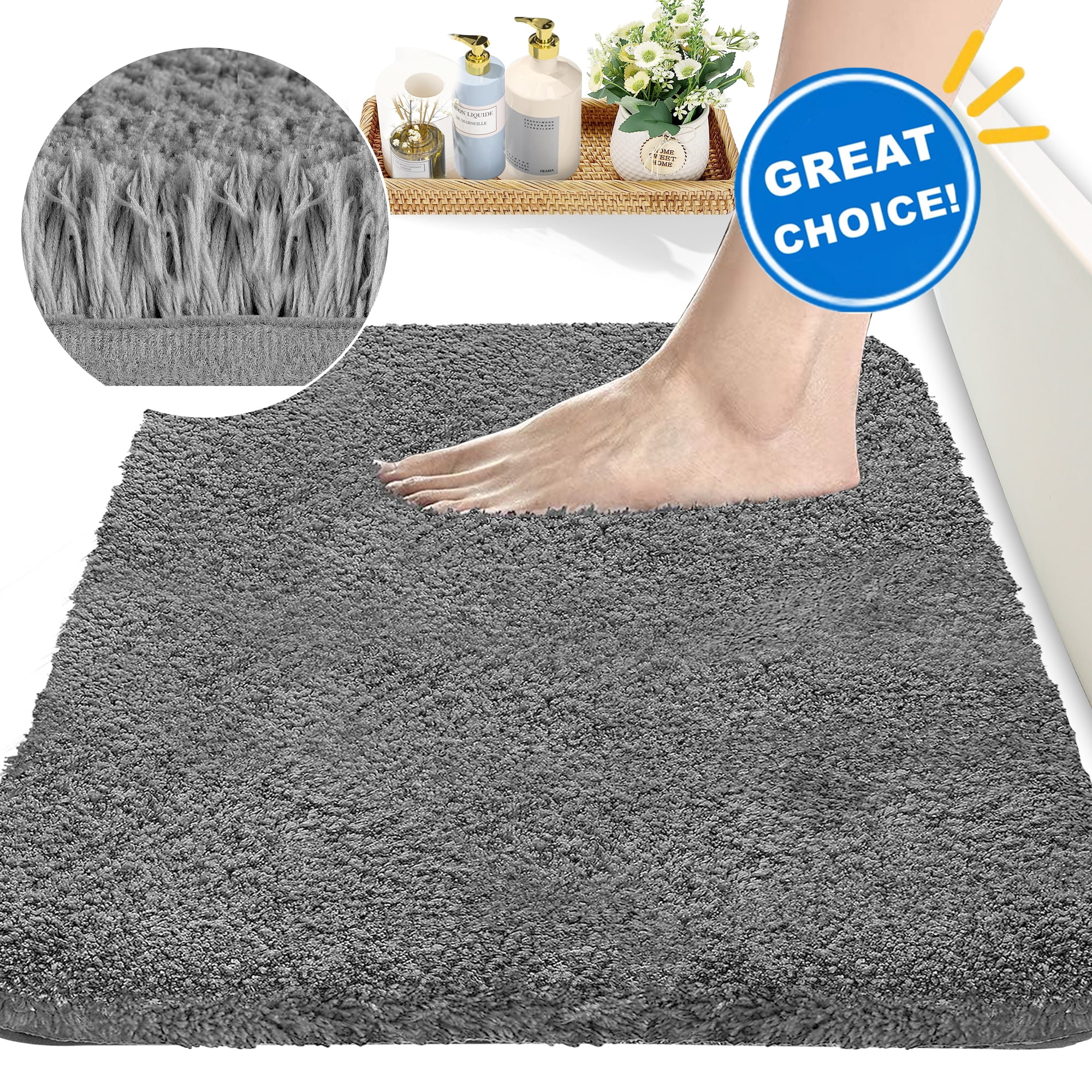 "Arkham 20""×32"" NonSlip Large Bathroom Rug, Absorbent Microfiber Bath Mat, Gray"