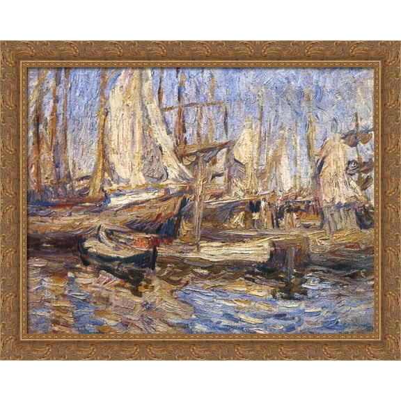 Arkhangelsk. Ships in port. 34x28 Large Gold Ornate Wood Framed Canvas Art by Pyotr Konchalovsky