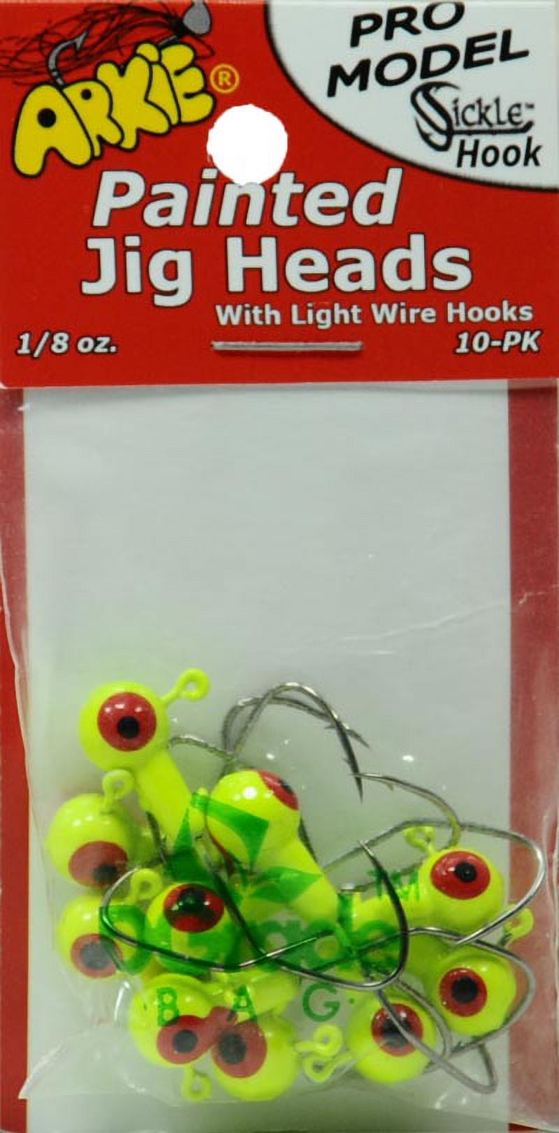 Arkie Pro Model Sickle Hook Painted Jig Heads, Chartreuse, 1/8 Oz., 10 Count