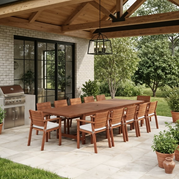 Arko 13-Piece Outdoor Rectangular Extendable Dining Table and Chairs Set | Eucalyptus Wood | Ideal for Patio, Brown Table