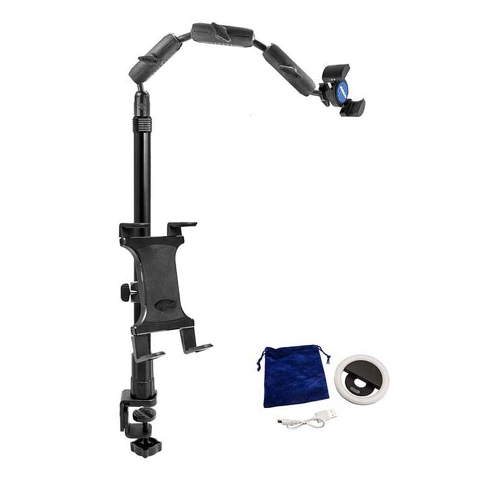 Adjustable Black Phone and Tablet Clamp Stand with LED Ring Light