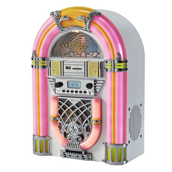 Arkrocket Athena Mini Jukebox/Tabletop CD Player/Bluetooth Speaker/Radio/USB and SD Card Player with Retro LED Lighting System (Pink White)