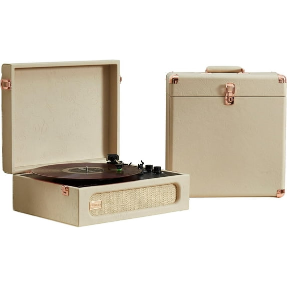 Arkrocket Coryphaeus Vinyl Record Player 3-Speed Bluetooth Input and Output Built-in Speakers with Magnetic Cartridge Auto Off (Flora Engraved + Record Storage Case)
