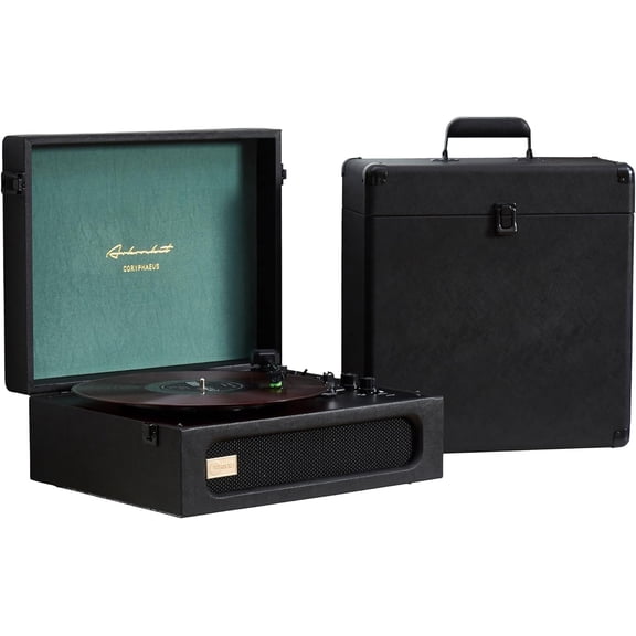 Arkrocket Coryphaeus Vinyl Record Player 3-Speed Bluetooth Input and Output Built-in Speakers with Magnetic Cartridge Auto Off (Black Green + Record Storage Case)