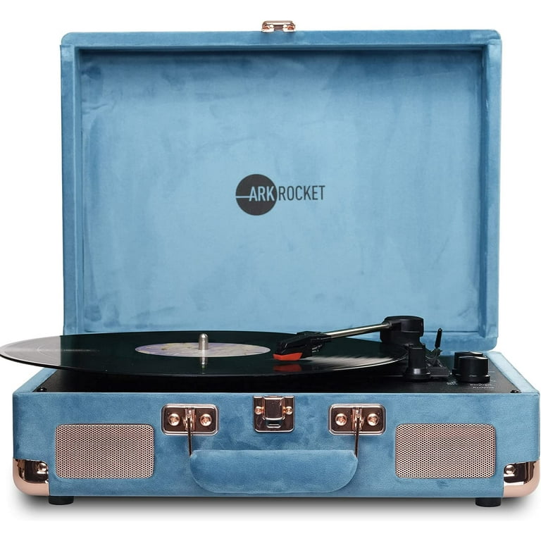 Arkrocket Curiosity Suitcase Bluetooth Turntable Vintage 3 Speed Record Player with Built in Speakers Upgraded Turntable Audio Sound Blue Velvet