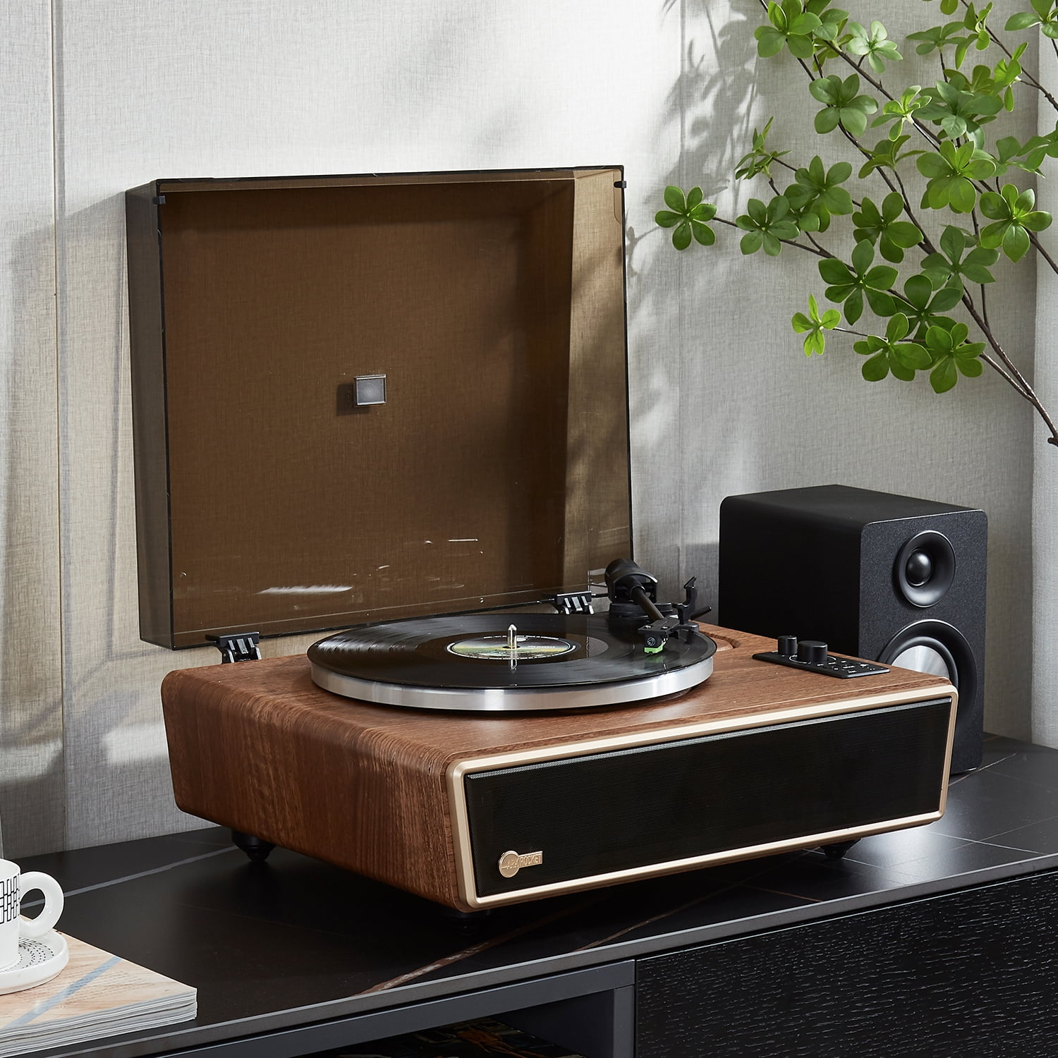 Huygens Walnut Belt Drive Vintage Bluetooth Turntable with Built-in Speakers