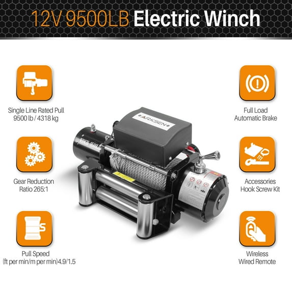 Arksen Recovery Electric Winch 12V 9500lbs Capacity Wireless Remote Towing Truck Trailer ATV Line, Black
