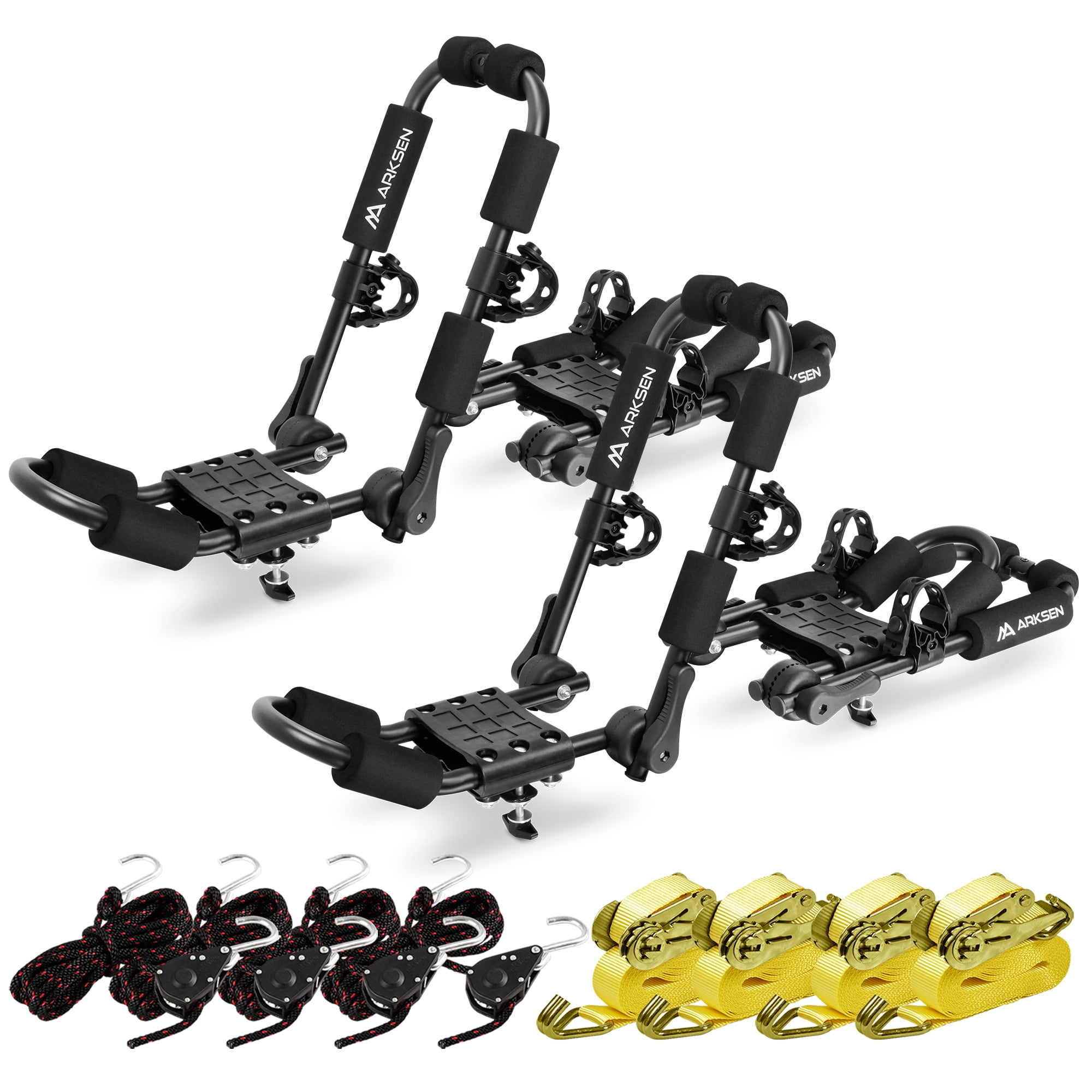 Arksen Universal 2 Pairs Heavy Duty Kayak Roof Rack 4 pcs J-Bar Easy to Carry Canoe Top Folding Adjustable Accessories for Car SUV Truck Crossbar with 4 pcs Tie Down Straps and Ratchet Straps