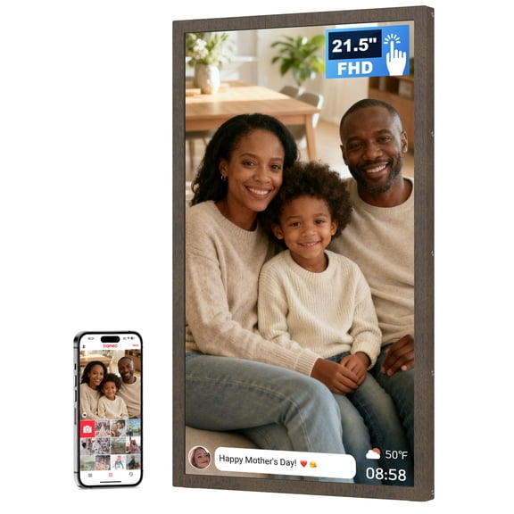 Arktronic Frameo 21.5 Inch Large Digital Photo Frame with FHD IPS Touchscreen, WiFi Digital Picture Frame 32GB, Wall Mountable, Share Photo/Video via Apps, Email, USB/Mirco SD, Dark Wood Pattern