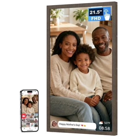 Arktronic Frameo 21.5 Inch Large Digital Photo Frame with FHD IPS Touchscreen, WiFi Digital Picture Frame 32GB, Wall Mountable, Share Photo/Video via Apps, Email, USB/Mirco SD, Dark Wood Pattern