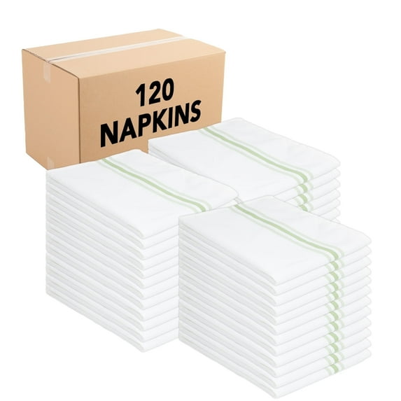 Arkwright Bistro Dinner Napkins (18x22, 120 Bulk Case), Professional Restaurant Quality White Napkins with Green French Stripes