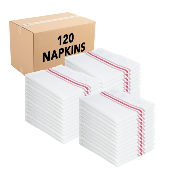 Arkwright Bistro Dinner Napkins (18x22, 120 Bulk Case), Professional Restaurant Quality White Napkins with Red French Stripes