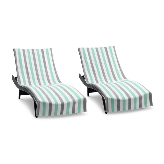 Arkwright Cabo Cabana Chaise Lounge Covers - 100% Cotton Terry - 30 x 85 in. - (2 Pack) Green/Grey