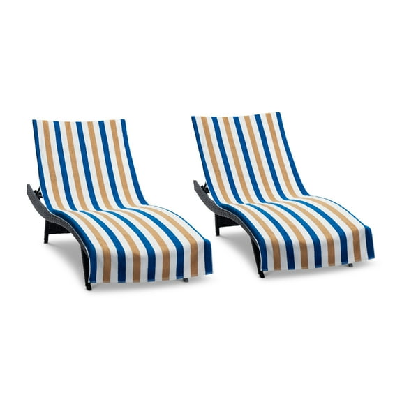 Arkwright Cabo Cabana Chaise Lounge Covers - 100% Cotton Terry - 30 x 85 in. - (2 Pack) Navy/Beige