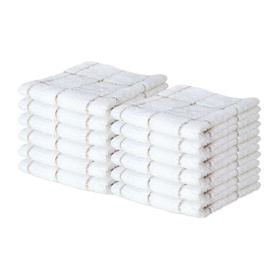 Arkwright Cotton Kitchen Dishcloths (12 Pack, 12x12 in.) Gray and Tan Windowpane Stripes