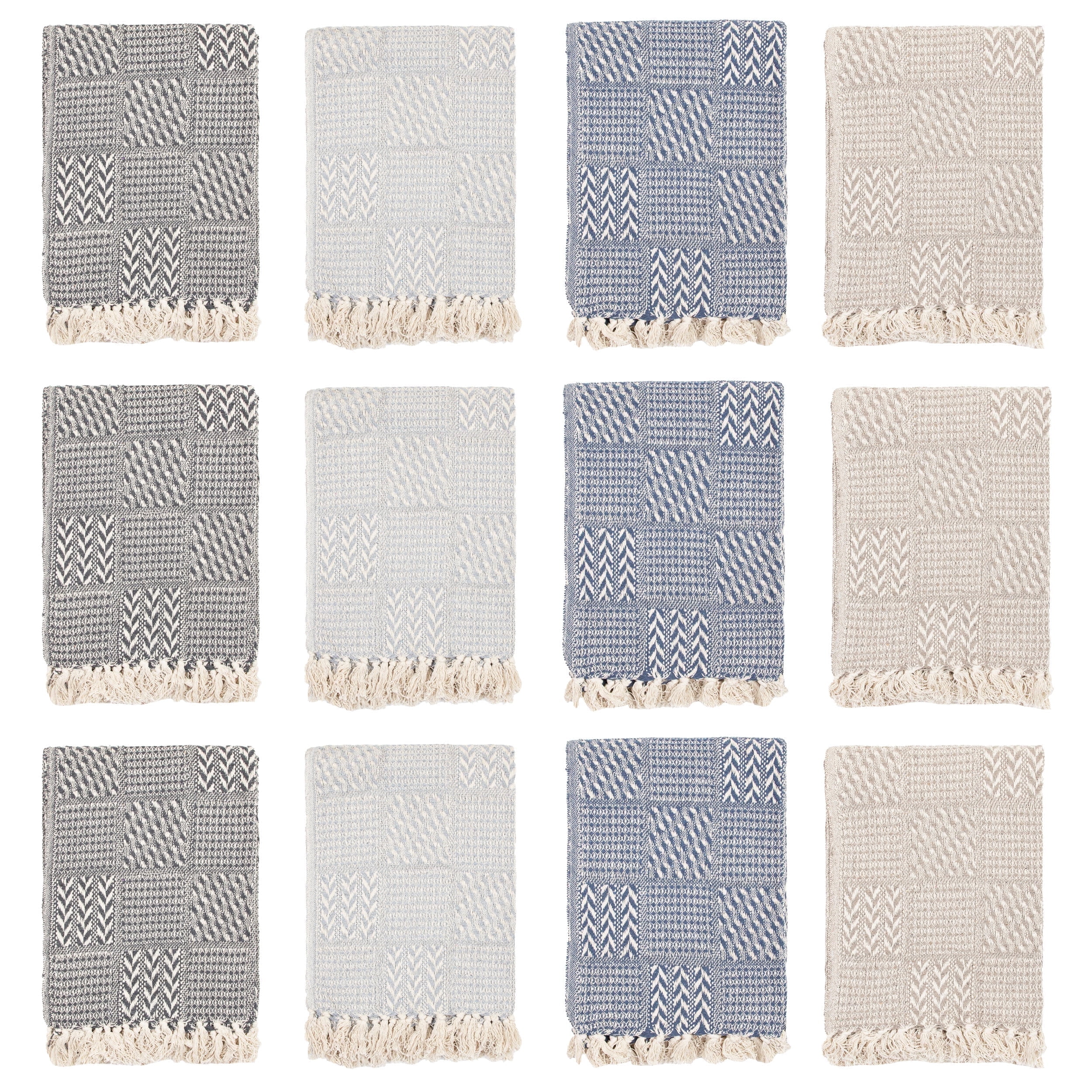 Arkwright Cotton Throw Blankets (Pack of 12), Eco-Green, Decorative Block Pattern, 4 Fixed Colors in a Pack, 50x70 in.