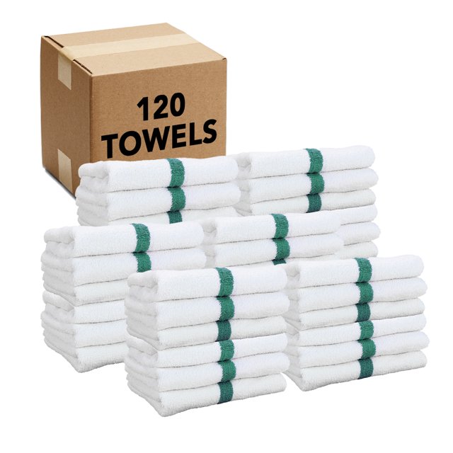 Arkwright Gym Hand Towels (Bulk Case of 120), 16x27, Ring Spun Cotton, Green Stripe