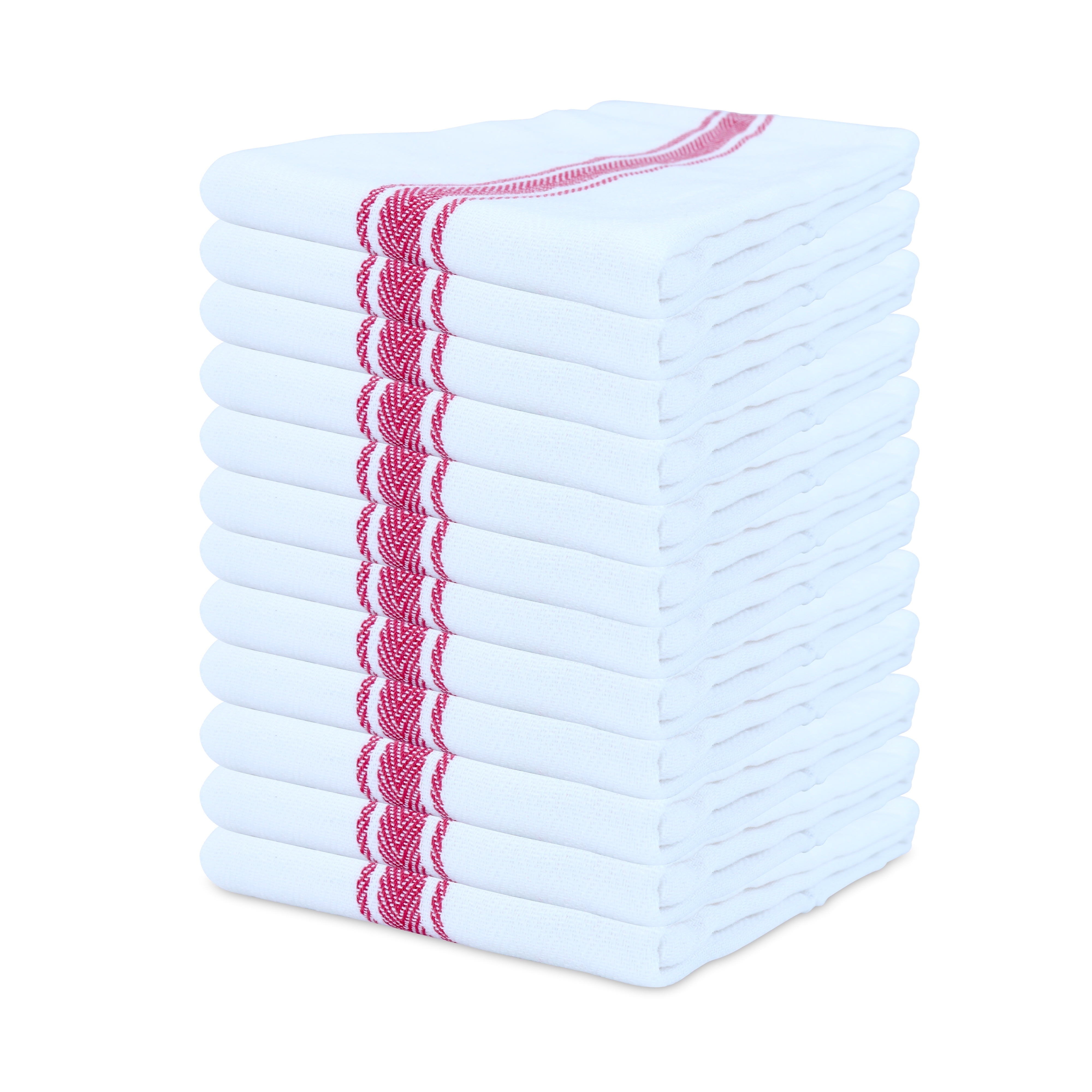 Arkwright Kitchen Herringbone Tea Towels, Pack of 12, White with Red Stripe, 100% Cotton, 15 x 25 in