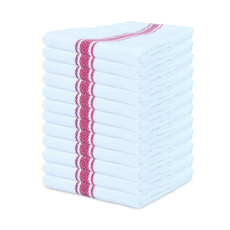 Arkwright Kitchen Herringbone Tea Towels, Pack of 12, White with Red Stripe, 100% Cotton, 15 x 25 in