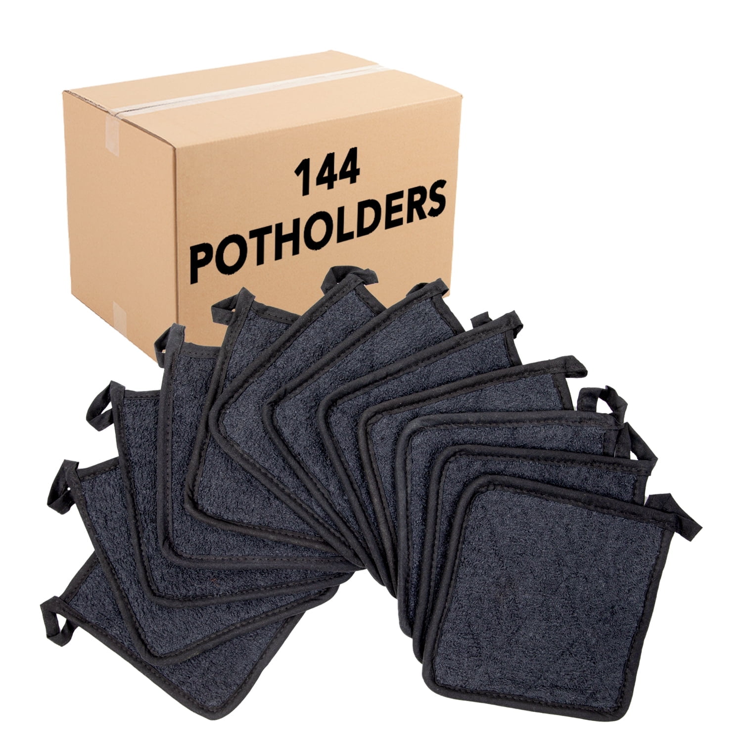 Arkwright Kitchen Pot Holders (Bulk Case of 144), 7"x7", 100% Cotton, Soft & Heat Resistant, Black