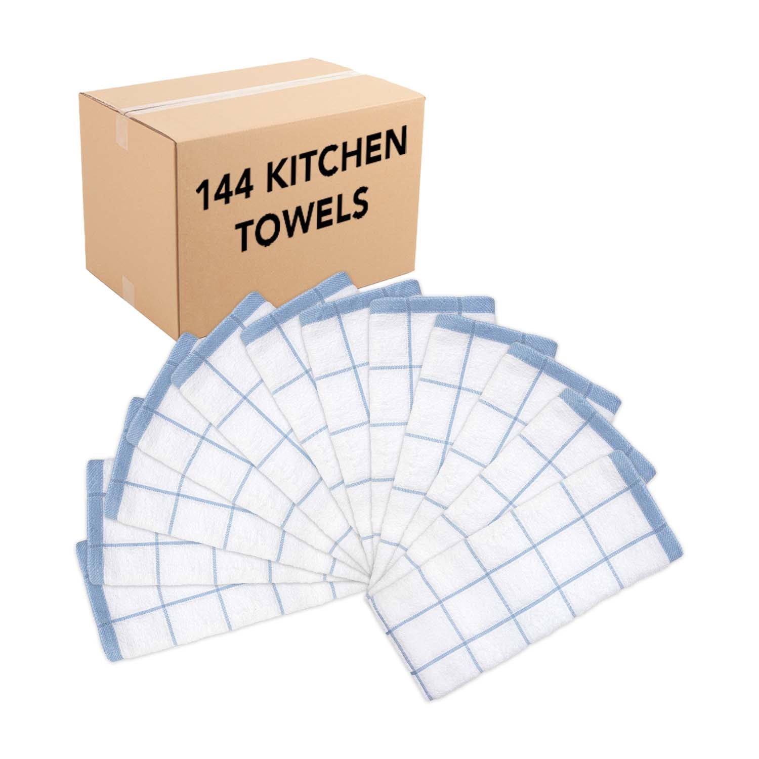 Arkwright Kitchen Towels (Bulk Case of 144), 15 x 25 in., 100% Cotton, Blue & White Windowpane Pattern