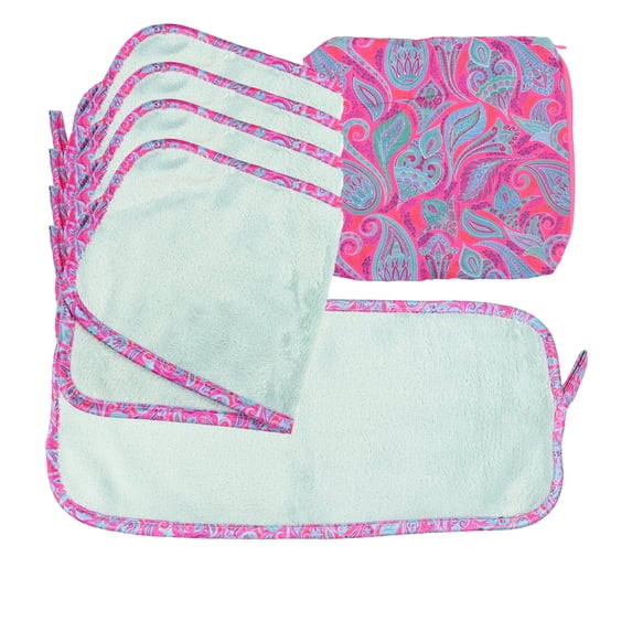 Arkwright Makeup Removal Cloth Set with Travel Bag in Decorative Gift Box, 5-Cloths, 1 Bag, Soft Coral Fleece Microfiber, 7x16, Paisley Design
