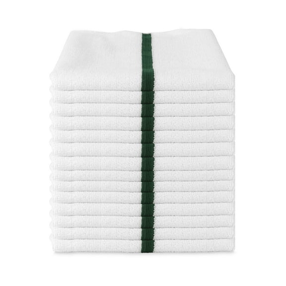 Arkwright Microfiber Bar Mop Kitchen Towels (Pack of 12), 15x18 in., Absorbent and Lint-Free, White with Green Stripe