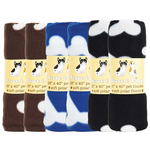 Arkwright Pet Blankets (Pack of 6), 28x40, Bones Pattern, Assorted Colors, Soft Polar Fleece