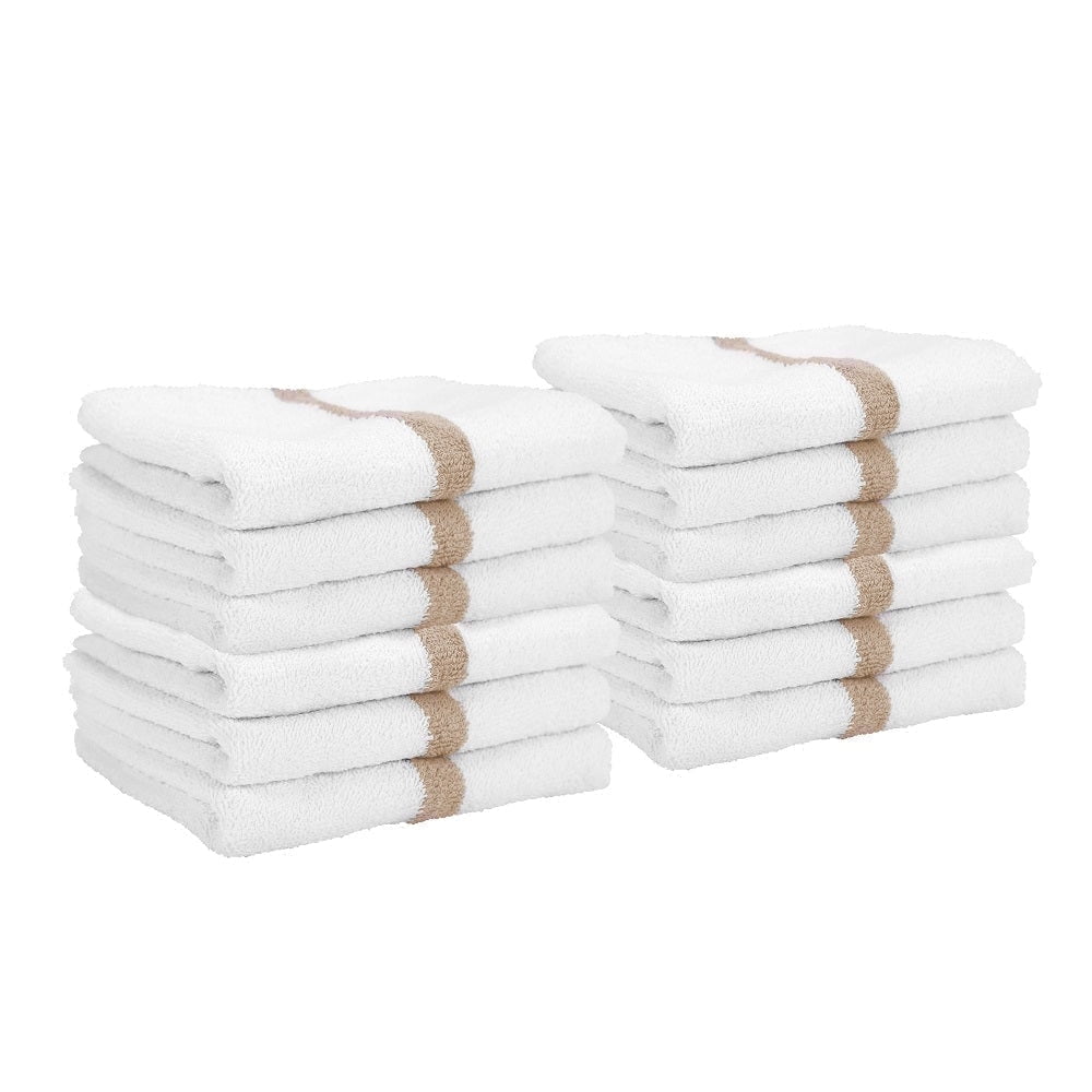 Arkwright Power Gym Hand Towels (12 Pack), 16x27 in., Soft Cotton, White with Beige Stripe