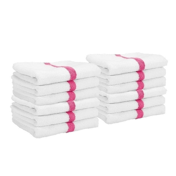 Arkwright Power Gym Hand Towels (12 Pack), 16x27 in., Soft Cotton, White with Pink Stripe