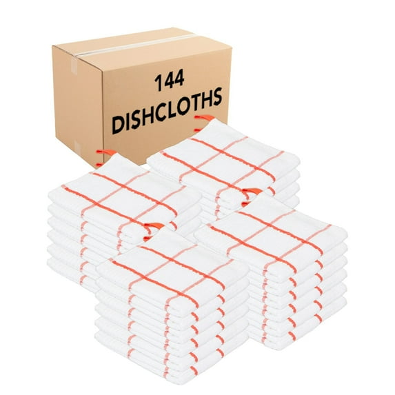 Arkwright Premier Kitchen Dishcloths (Bulk Case of 144), Cotton, 13x13 in, White with Saffron Red Windowpane Stripes