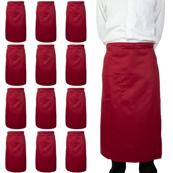 Arkwright Server Bistro Aprons (33x30, 12-Pack) with Two Patch Pockets, Poly/Cotton Adjustable Apron for Restaurants, Cafes, , Burgundy
