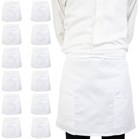 Arkwright Server Half Bistro Aprons (18x30, 12-Pack), Two Patch Pockets, Poly/Cotton, Adjustable, White