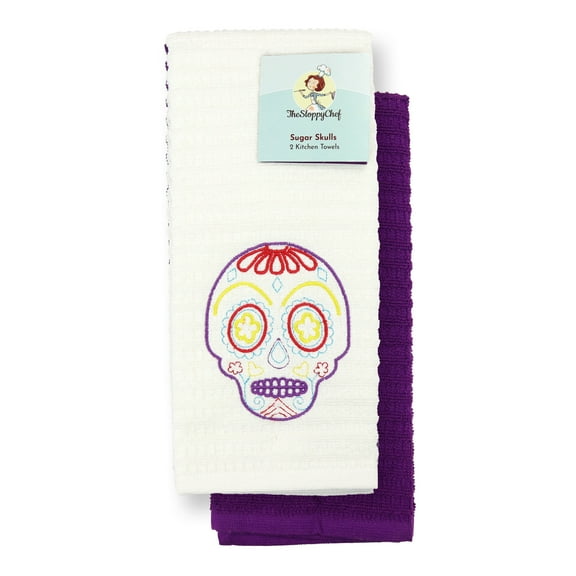 Arkwright Set of 2 Kitchen Towels, Embroidered Sugar Skull Design, 16 x 26, 100% Cotton, White & Purple