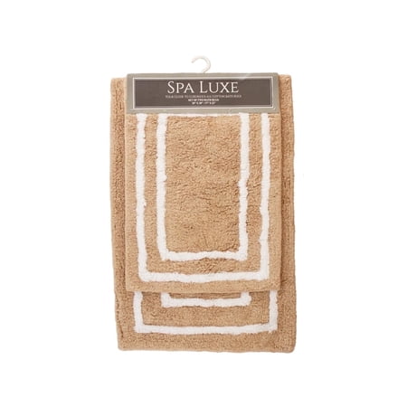 Arkwright Spa Luxe 2-Piece Bath Rug Set, 17x23 & 20x30, Bordered Pattern, Cotton with Latex Backing, Beige