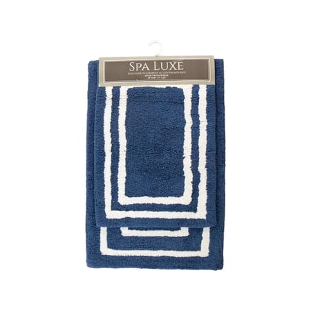 Arkwright Spa Luxe 2-Piece Bath Rug Set, 17x23 & 20x30, Bordered Pattern, Cotton with Latex Backing, Blue