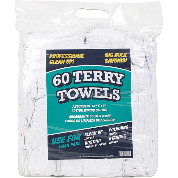 Arkwright TT60 Terry Cloth Towels for Cleaning - (Pack of 60) 100% Cotton Washable Heavy Duty Bar Mop, Absorbent & Quick Drying, Bag of Rags for Kitchen, Auto Shop, and Garage, 14 x 17 in, White