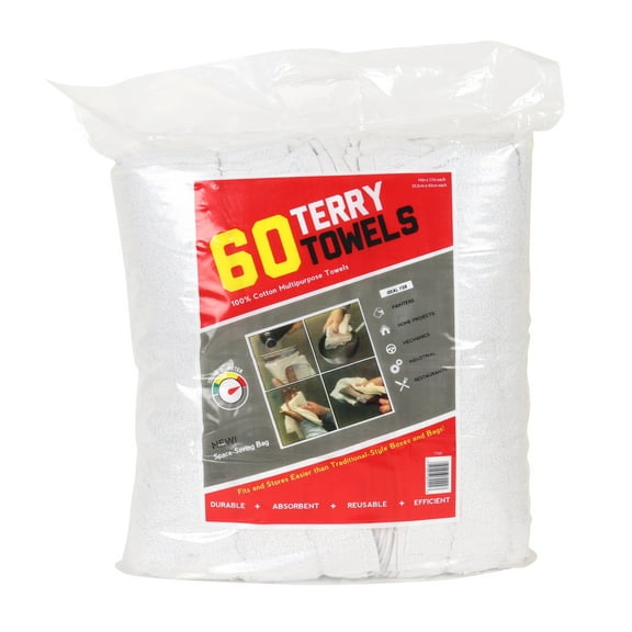 Arkwright TT60 White Terry Mop Towels Bulk - Cleaning Cotton Cloths Rags - 14 x 17 in. - (60 Pack) White
