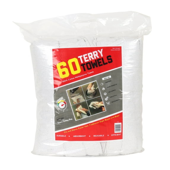 Arkwright TT60 White Terry Mop Towels Bulk - Cleaning Cotton Cloths Rags - 14 x 17 in. - (60 Pack) White